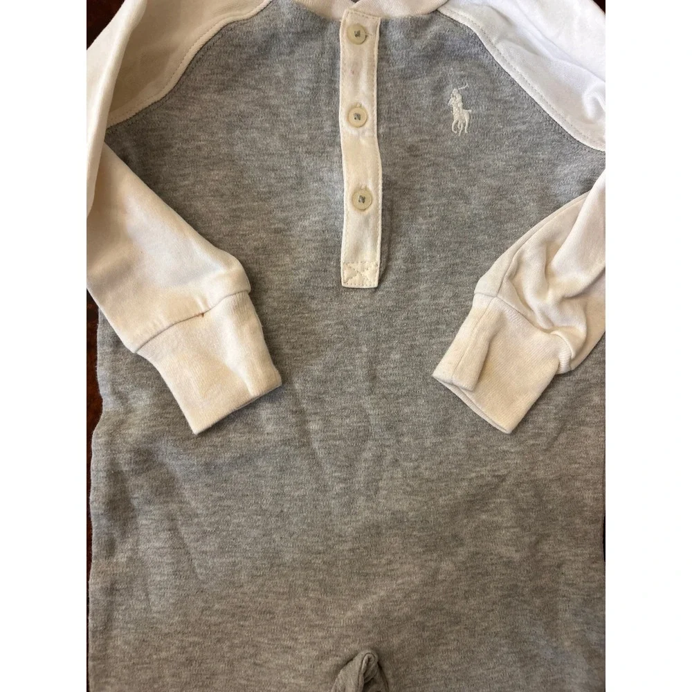Ralph Lauren Baby Grey White Raglan Henley Coverall Romper 6M